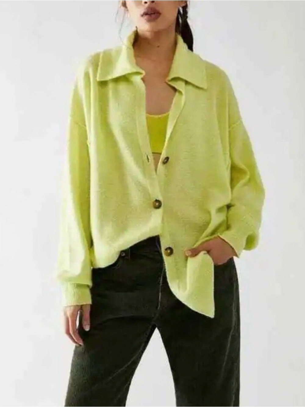 NWT Free People Lime Green Collared Button Cardigan